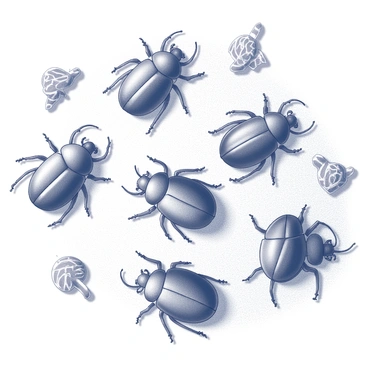 A collection of beetle symbols displayed on a textured surface. Each symbol is unique, representing different cultural meanings and traditions. The beetles vary in shape and design, showcasing intricate patterns and details. Some symbols are positioned upright, while others are arranged in a circular pattern. Surrounding the symbols are faint outlines of cultural motifs that hint at their origins, adding context to each beetle's significance. The overall composition is balanced, inviting the viewer to explore the diverse representations of these beetles.