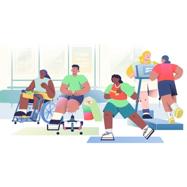 A group of five individuals with disabilities is participating in adaptive exercise activities in a well-lit gym. One person in a wheelchair is using resistance bands, demonstrating strength training techniques. Another individual with crutches is performing seated exercises on a mat alongside a trainer who is providing guidance. A third participant, who is visually impaired, is engaged in balance exercises with a supportive partner. Nearby, a person with a prosthetic leg is jogging on a specialized treadmill while wearing a bright red shirt. The atmosphere is encouraging, with posters on the walls promoting fitness and inclusivity.