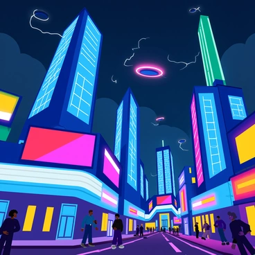 A futuristic cityscape filled with tall, sleek skyscrapers made of glass and metal. The buildings are adorned with vibrant neon lights in various colors, including bright blue, pink, and green, creating a glowing effect against the night sky. Electric currents flicker visibly around the structures, adding a dynamic energy to the scene. The streets below are bustling with people in modern attire, and hovering vehicles glide above the roads. Large digital billboards display advertisements in vivid colors, further enhancing the playful atmosphere of the city.
