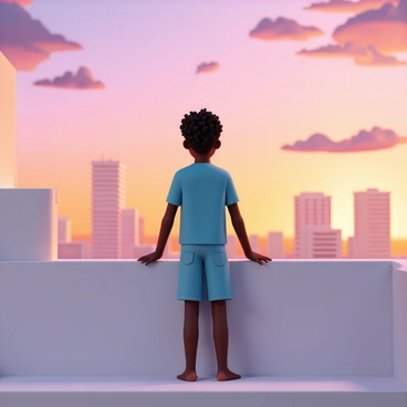 A young black boy, wearing a blue t-shirt and denim shorts, is standing on a rooftop. He has short curly hair and is barefoot. His hands are resting on the ledge as he gazes thoughtfully at the city skyline. The sky is filled with vibrant hues of orange, pink, and purple, indicating sunset. There are various tall buildings silhouetted against the colorful sky, and the scene evokes a sense of wonder and exploration.