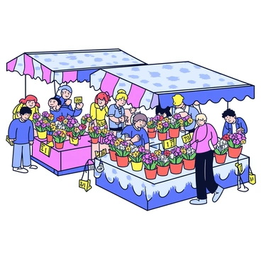 A bustling city flower market filled with vibrant stalls showcasing an array of blossoms. Each stall features a colorful assortment of flowers, including bright tulips, delicate daisies, and fragrant roses, all arranged neatly in pots and bouquets. The atmosphere is lively, with people browsing and selecting flowers. Above the stalls, there are decorative awnings providing shade. The pavement is busy with shoppers, and there are small signs indicating the names of the flowers and their prices.