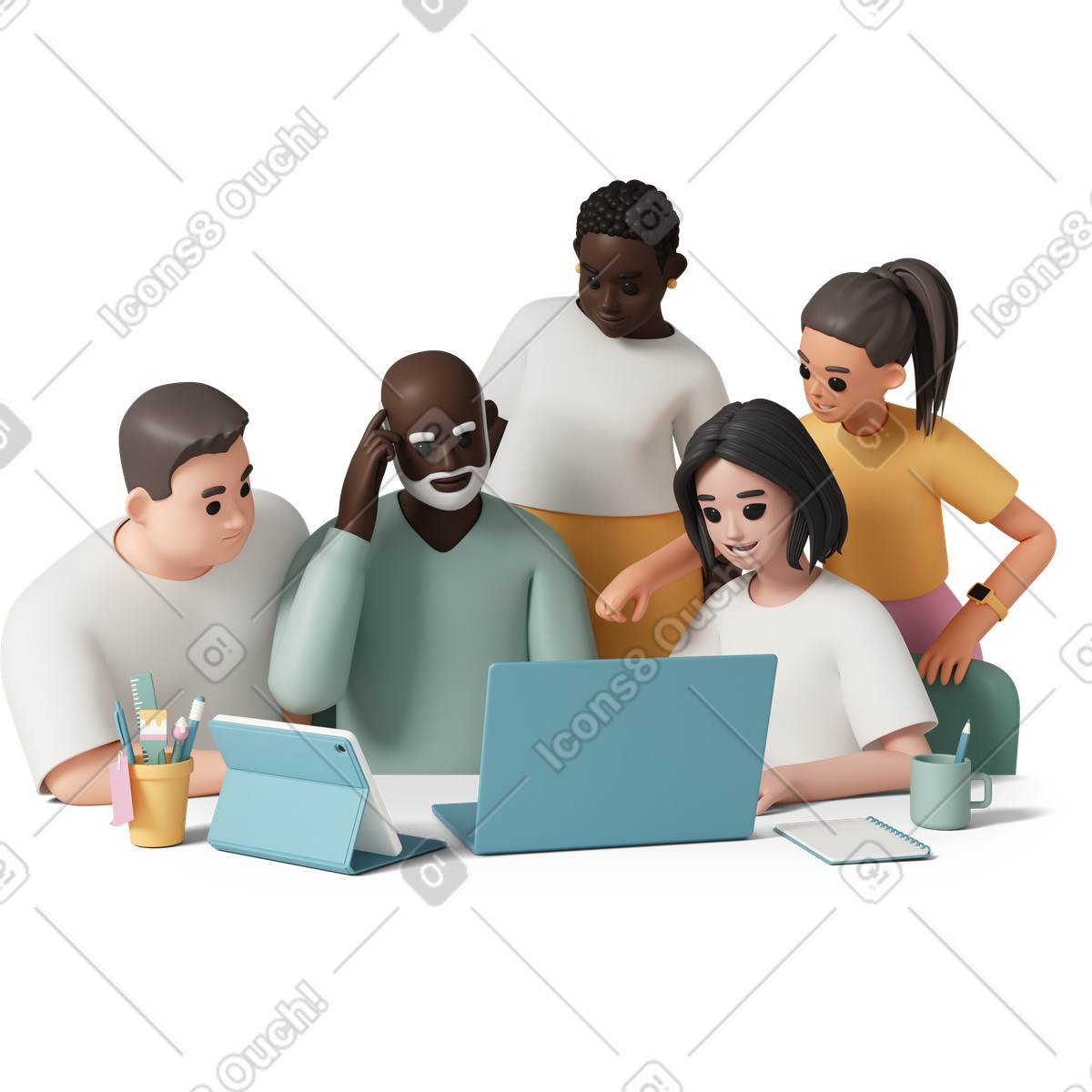 下载 3D Casual life 风格的 Young and old people working together 插画，支持 PNG、SVG 格式