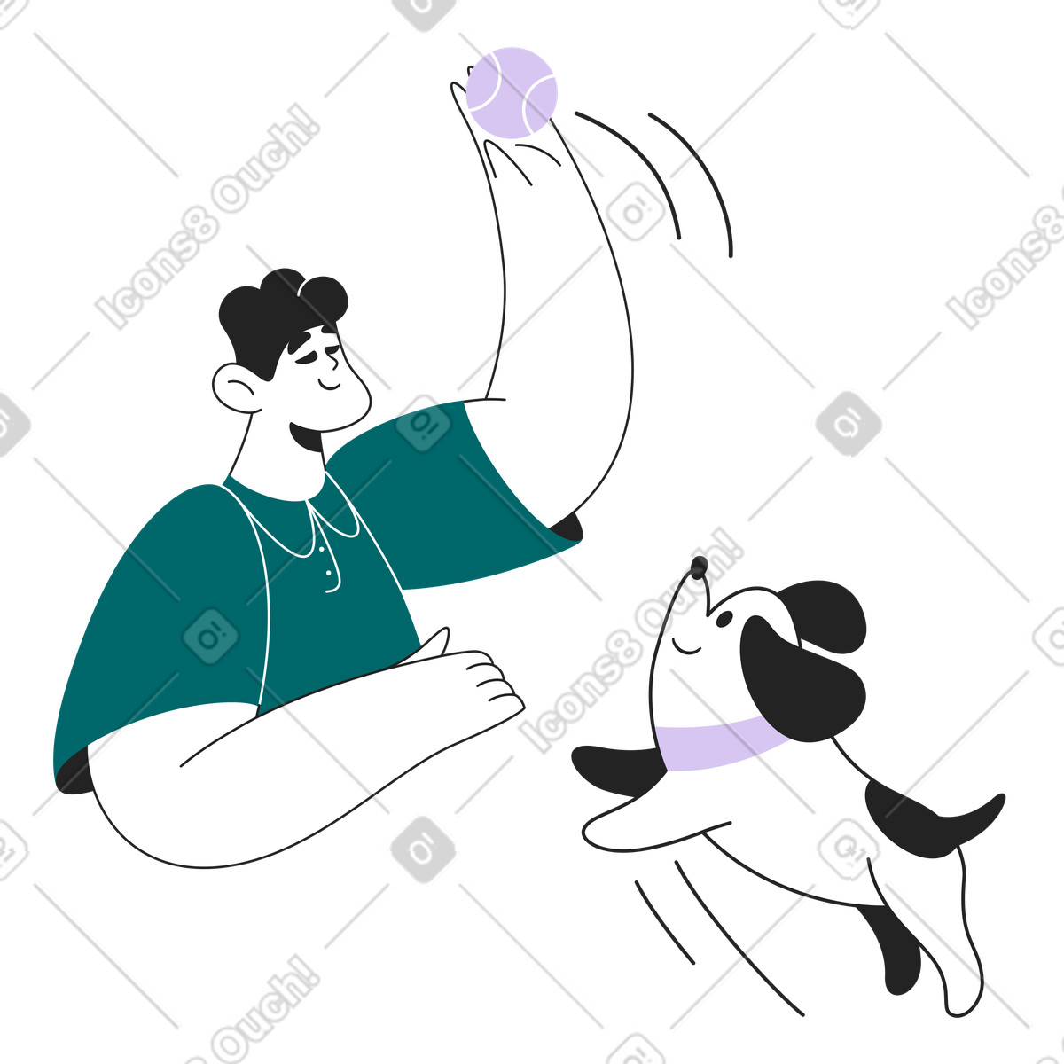 Dog jumping for ball, Interactive pet playtime and positive reinforcement illustration in Sammy Line style download in PNG, SVG