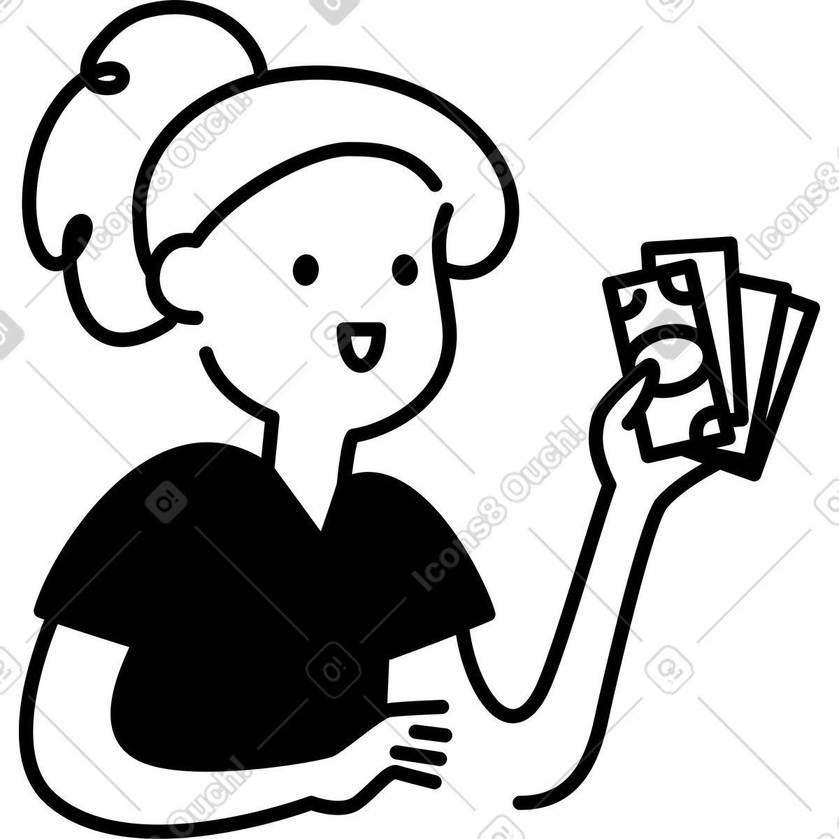 下载 Notion Line Art 风格的 Money cash bills held by smiling character celebrating financial success 插画，支持 PNG、SVG 格式