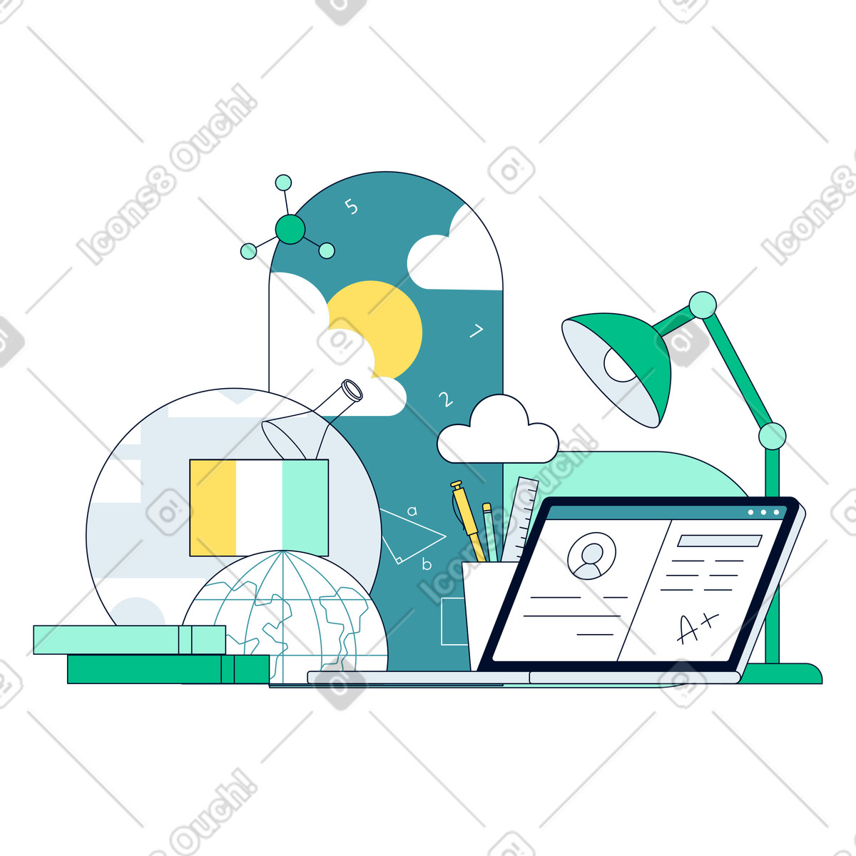 Laptop with school supplies, lamp and globe, Remote study or e-learning illustration in Teal style download in PNG, SVG