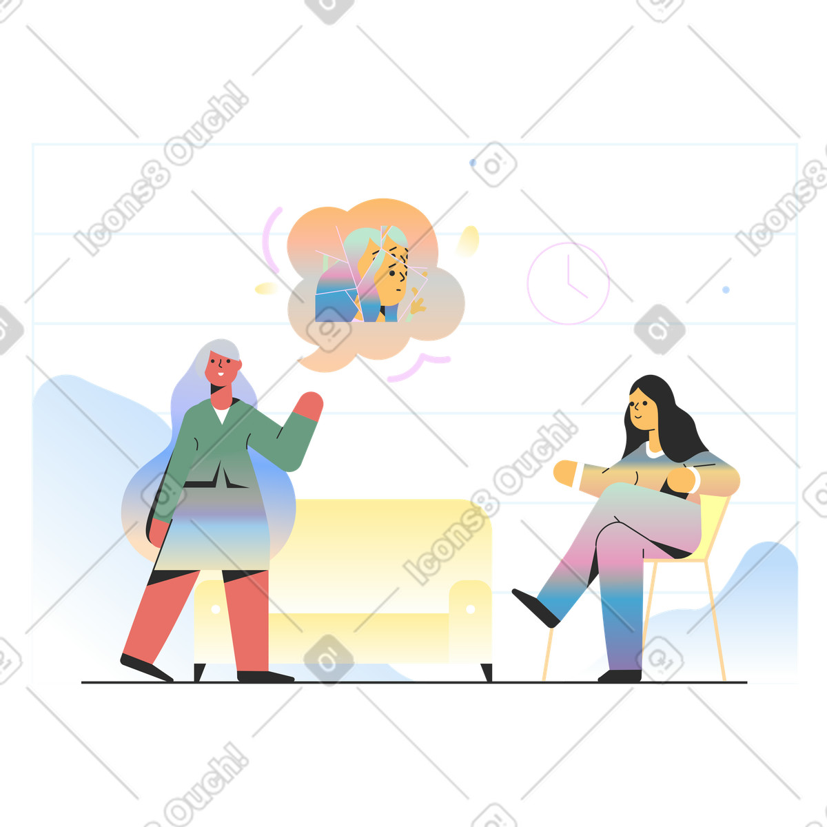 Woman seeking help for psychological issues illustration in Marginalia style download in PNG, SVG