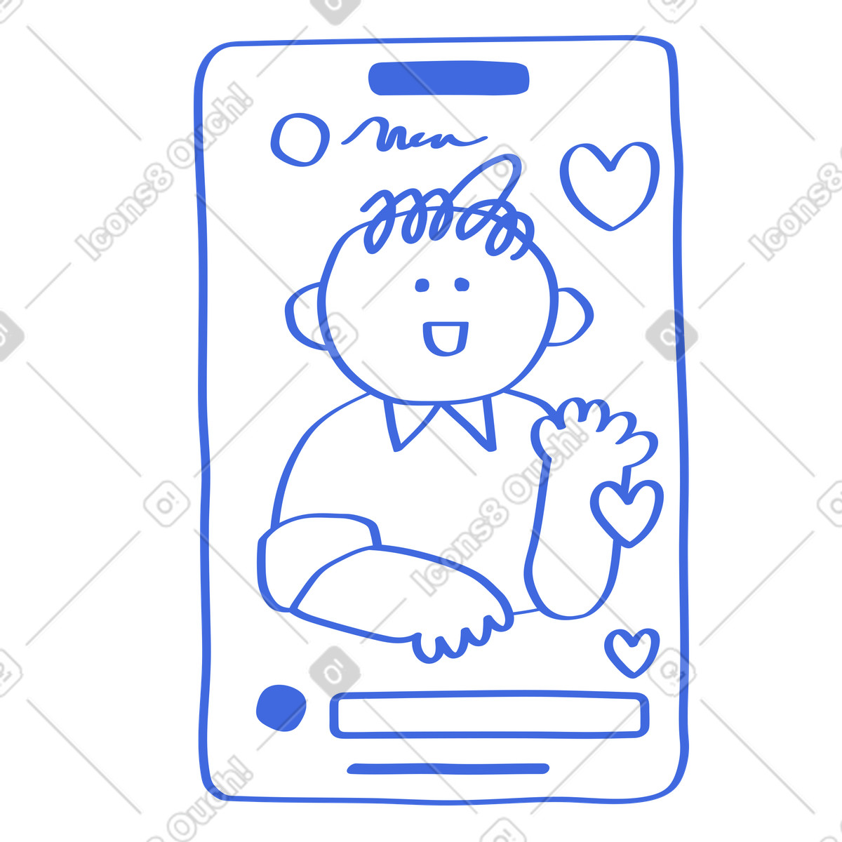 下载 风格的 Smartphone video call screen with smiling character waving surrounded hearts 插画，支持 PNG、SVG 格式
