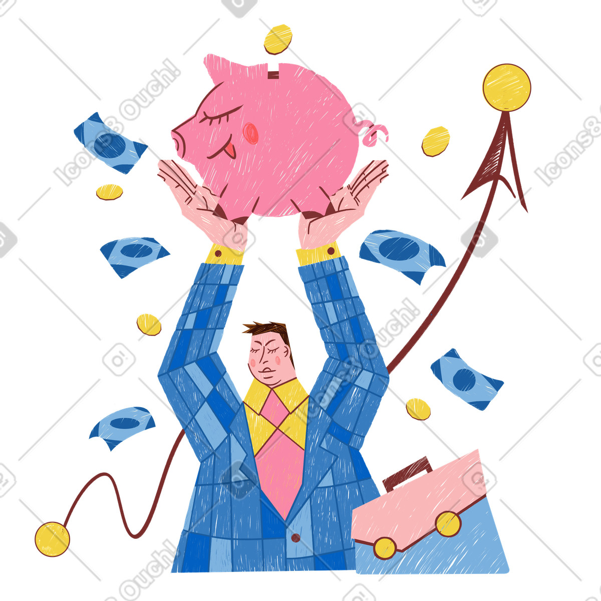 Uomo che tiene il salvadanaio come risparmio di denaro illustrazione in stile Sleepy scarica in PNG, SVG