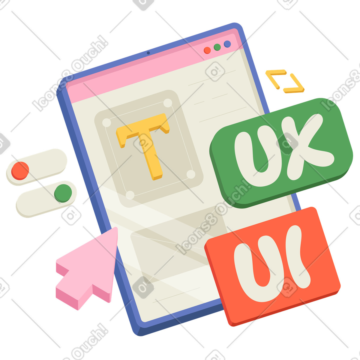 Lettering UX/UI with tablet, cursor and buttons text illustration in Social style download in PNG, SVG