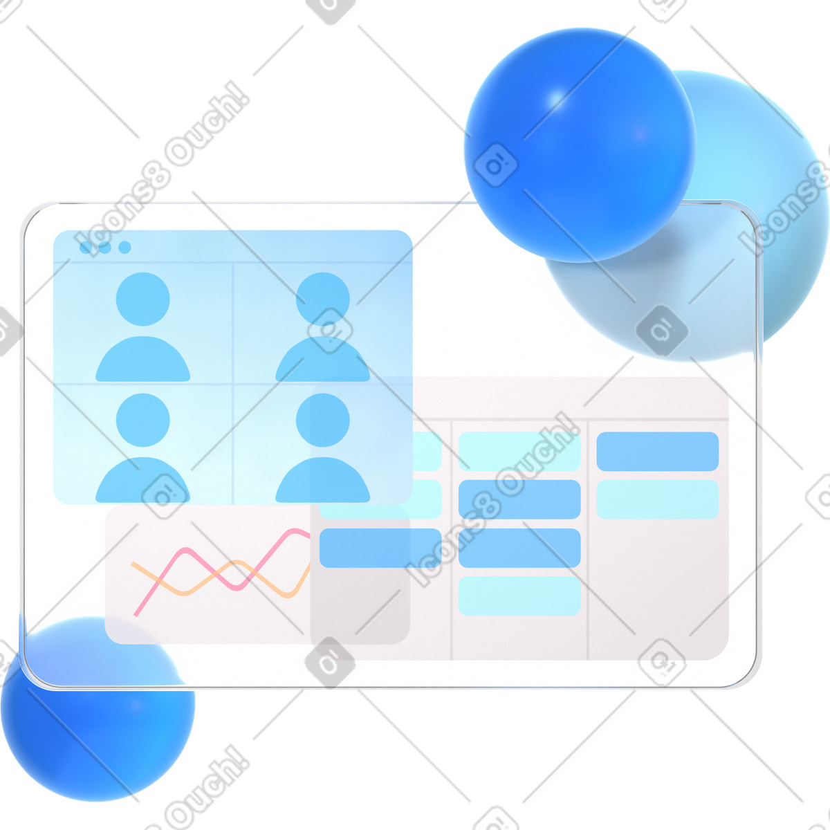 Chiamata online e dashboard software con elementi 3d illustrazione in stile Glassy scarica in PNG, SVG