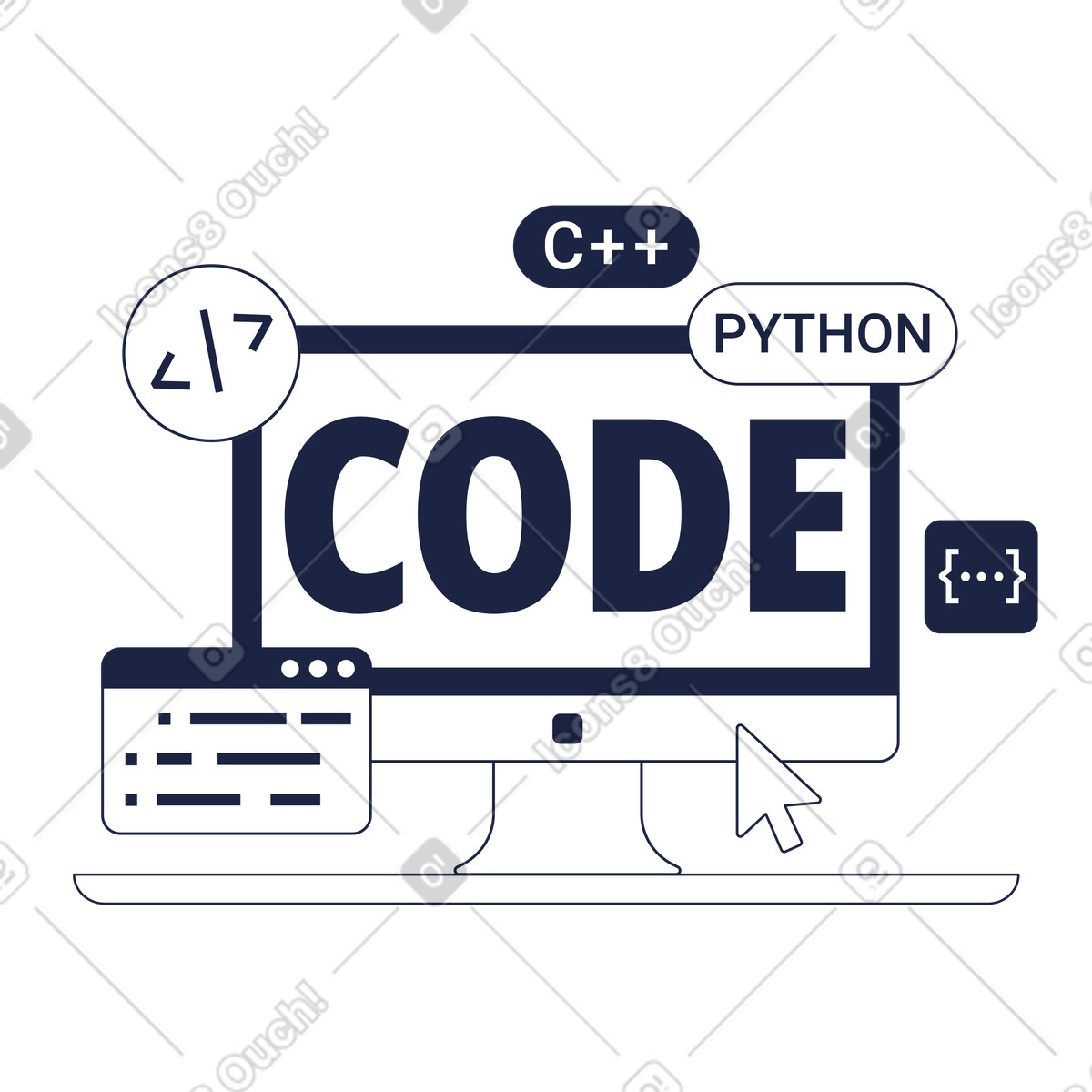 Monitor with programming language labels and code snippets, online coding software training illustration in Urban Line style download in PNG, SVG