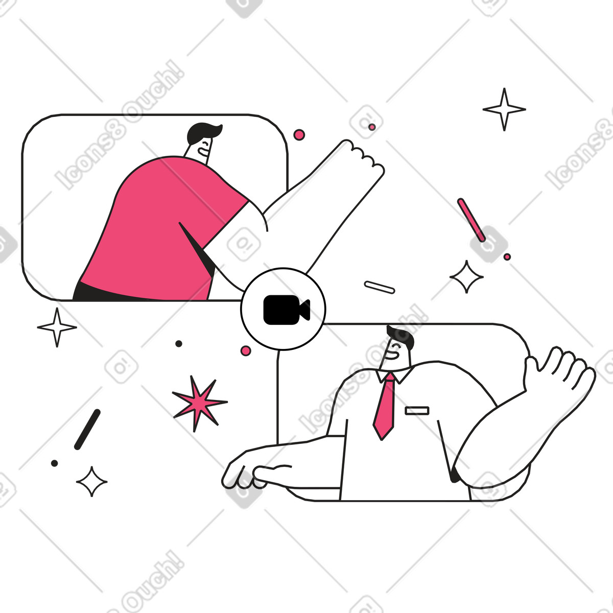 Colleagues waving in virtual meeting, Remote work and online cooperation illustration Dazzle Line style download PNG, SVG