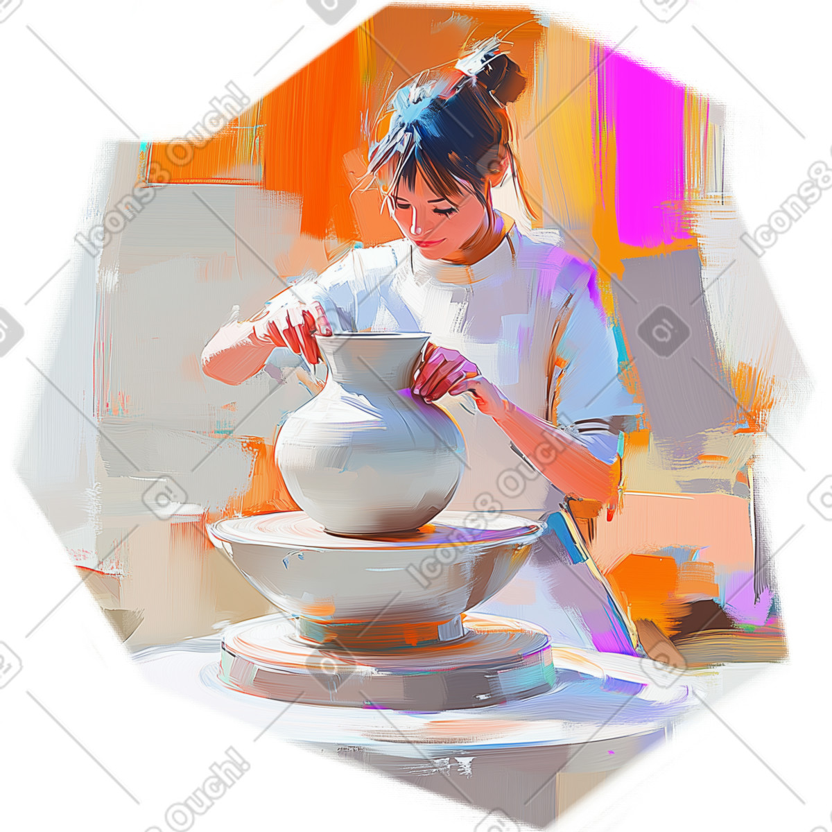 Illustration Peinture à l'huile représentant la fabrication d'un vase en argile sur un tour de potier dans le style Pictorial télécharger aux formats PNG, SVG