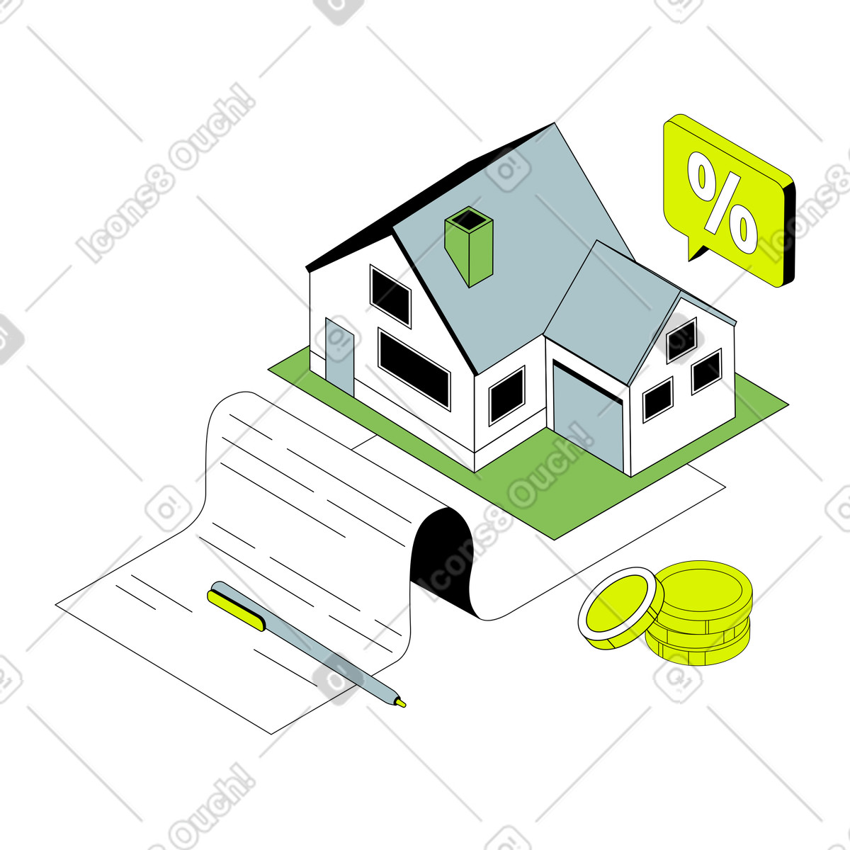 Mortgage contract and house illustration in Isometric style download in PNG, SVG