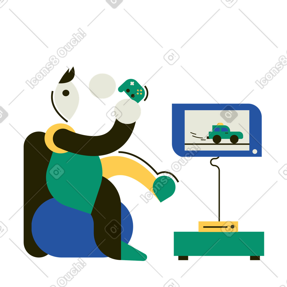 Ilustración Jugar videojuegos en playstation estilo Spot a descargar PNG y SVG