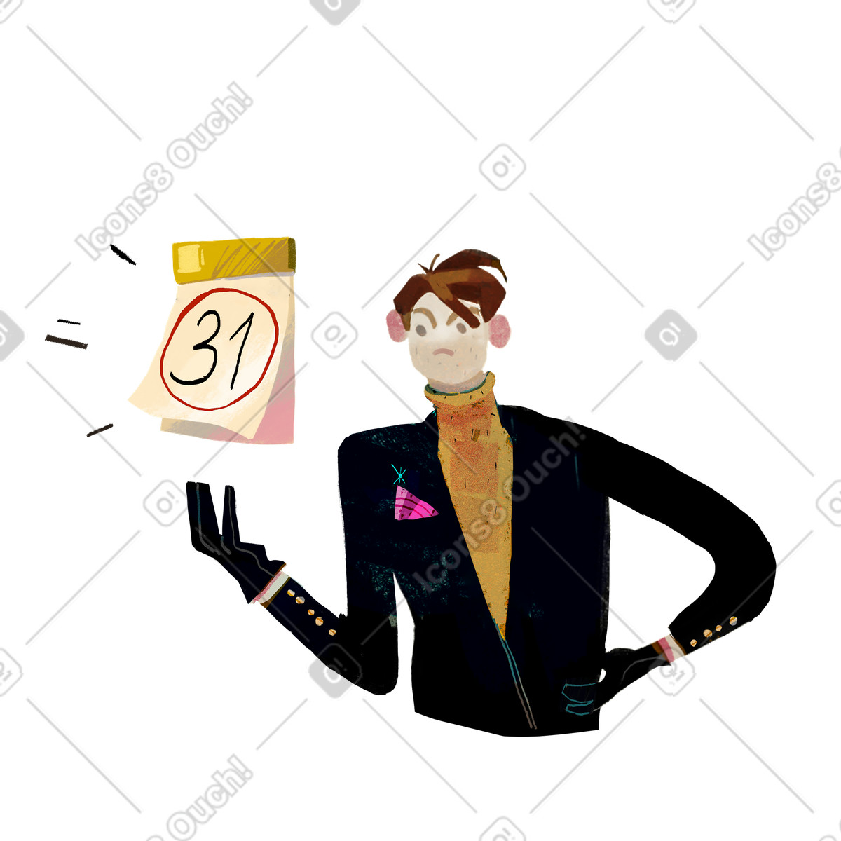 Uomo che guarda la data del calendario per tenere il passo con scadenza illustrazione in stile Fabulous scarica in PNG, SVG