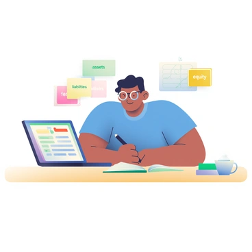 A person with light brown skin and short black hair is seated at a wooden table. They are focused on planning a budget, surrounded by colorful post-it notes. The post-it notes are labeled with the words "assets," "liabilities," and "equity." The person is wearing a blue shirt and glasses. They have a green notebook open in front of them, and a black pen is in their right hand. A laptop is also positioned on the table, displaying a spreadsheet. There is a cup of coffee to the side, and a small stack of additional post-it notes next to it. The scene conveys a sense of organization and attentiveness.