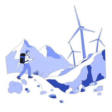 A hiker is walking along a rugged trail, surrounded by rocky terrain and sparse vegetation. The hiker is equipped with a sturdy backpack and is wearing outdoor gear suitable for hiking. In the background, there are several wind turbines towering over the mountainous landscape, their blades turning slowly in the breeze. The mountains appear steep and jagged, rising dramatically against the sky. The scene conveys a sense of adventure and the connection between nature and renewable energy.