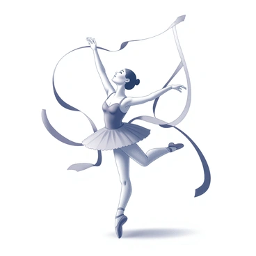 A ballet dancer is captured in mid-performance, gracefully leaping across the stage. The dancer is dressed in a classic tutu and ballet shoes, with an elegant pose that showcases strength and poise. Flowing ribbons trail behind the dancer, accentuating the fluidity of each movement. The ribbons swirl in intricate patterns, creating a sense of motion and dynamism around the dancer. The stage setting includes subtle elements, such as the soft outlines of scenery in the background, enhancing the focus on the dancer's performance.