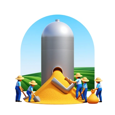 Farm workers in straw hats and work gloves are depositing freshly harvested grain into a tall, round silo. The silo is metallic with a smooth, shiny surface, reflecting the sunlight. The scene includes several farm workers, one using a shovel to scoop grain from a large pile while others assist with large bags. The grain is golden and rich, spilling into the top of the silo. There are green fields in the background, and a clear blue sky overhead.