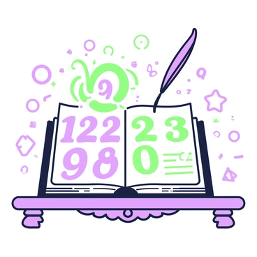 A magical book is resting on a wooden table with intricate carvings. The book is opened wide, revealing pages that shimmer with a faint glow. On the left page, there are several numbers shown in bold, large print. Each number is surrounded by swirling green and purple lights. As the numbers appear, they begin to transform into expanded form, with each digit spreading out and forming a separate entity. The right page displays a variety of mathematical symbols, and a quill is poised above the page, as if ready to write more. The atmosphere around the book is filled with a soft, ethereal light, emphasizing the magical transformation happening within its pages.