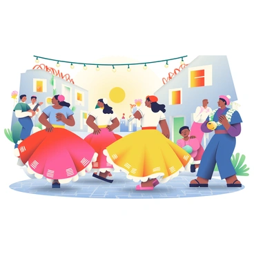 A lively scene unfolds in a Spanish village during a festive celebration. In the foreground, several dancers are dressed in colorful traditional attire, twirling gracefully as they perform. Their skirts are vibrant shades of red, yellow, and blue, creating a striking contrast against the cobblestone street. One dancer is holding a castanet in each hand, adding rhythm to the performance. Nearby, musicians are playing a guitar and a tambourine, contributing to the joyful atmosphere. The backdrop features charming whitewashed buildings adorned with festive decorations, and strings of lights crisscross overhead. The warm sun casts a golden glow over the scene, enhancing the celebratory mood.