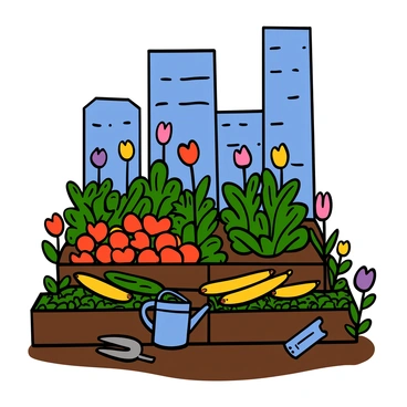 A vibrant community garden nestled between tall city buildings. The garden is filled with various fruits such as red strawberries, ripe tomatoes, and yellow zucchinis. Colorful flowers in shades of pink, purple, and yellow bloom, adding brightness to the scene. There are wooden raised beds neatly arranged, with green leafy plants growing abundantly. In the background, the tall buildings are outlined against a clear blue sky. Gardening tools, such as a watering can and a spade, are placed on the ground, indicating recent activity.