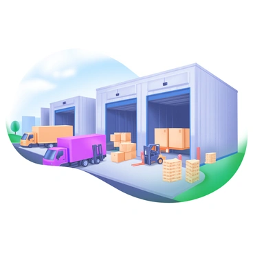 A modern pastel illustration of an industrial warehouse annex featuring expansive loading docks. Large shipping trucks are parked alongside the docks, with some unloading cargo. The warehouse has tall, wide windows and a metal exterior, reflecting a contemporary architectural style. There are forklifts moving boxes in the vicinity, and stacks of pallets are neatly organized nearby. The setting includes a clear blue sky above and a paved area in front of the warehouse, emphasizing the busy logistics environment.