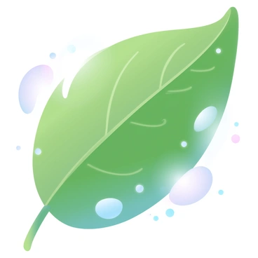 A close-up view of a green leaf with droplets of dew on its surface. The leaf is vibrant and detailed, showcasing its smooth texture and intricate veins. Light reflects off the dew droplets, creating tiny sparkling effects around them. The background is softly blurred, emphasizing the leaf as it catches the morning light. The overall scene conveys a fresh and natural feel, with the dew droplets appearing as small gems on the leaf.
