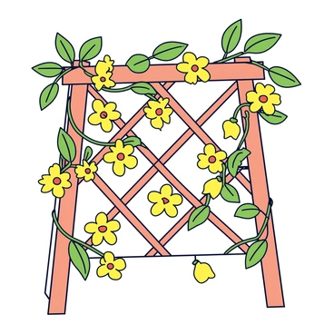 A trellis with a wooden structure featuring a diamond pattern. The trellis is adorned with vibrant orange and yellow honeysuckle flowers blooming throughout. Green leaves are intertwined around the trellis, with some leaves partially covering the wooden bars. The scene is filled with a sense of growth and abundance.