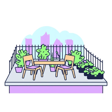 An urban rooftop garden is located atop a building, surrounded by a protective wire fence. The garden features a variety of green plants in pots, including flowering plants and vegetables, arranged neatly in rows. A small wooden table with two chairs is placed in the center of the garden, adding a cozy atmosphere. In the background, the city skyline is visible, showcasing tall buildings and a clear blue sky. The rooftop has a light gray surface, complementing the greenery of the garden.