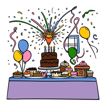 A colorful birthday party scene featuring a large table filled with a variety of delicious birthday treats, including a chocolate cake with candles, cupcakes, and snacks. In the foreground, a party popper is bursting open, releasing a vibrant explosion of multicolored confetti into the air. Streamers in shades of blue, pink, and yellow hang from the ceiling. There are balloons of different colors floating around the room. Light shines in from a window, illuminating the joyous atmosphere of celebration.