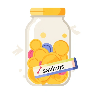 A glass jar labeled 'savings' filled with coins and a label showing progress