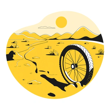 A bike tire leaving deep tracks in the dry, cracked ground of an arid desert landscape. The desert is dotted with sparse, low-lying vegetation and scattered rocks. The sun casts long shadows across the sand, emphasizing the texture of the barren earth. In the distance, a range of hills rises, offering a stark contrast to the flat terrain, and the sky above is clear and vast.