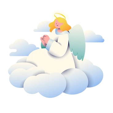 An angel with fair skin and flowing golden hair is sitting on a fluffy white cloud. The angel is wearing a long, flowing white robe with delicate silver trim, and large, feathery wings extend gracefully from its back. Above the angel's head is a radiant halo emitting soft light. The cloud has a soft texture, with curls and wisps blending seamlessly into the sky. The background consists of a gentle blue sky with a few light, fluffy clouds scattered around.