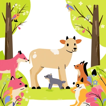 A gathering of various animals in a vibrant forest setting, with a two-headed calf at the center of attention. The calf has a light brown coat with white patches, and its two heads are looking in different directions. Surrounding the calf, there are curious animals such as a red fox, a playful squirrel, and a group of colorful birds perched on nearby branches. The forest is filled with tall green trees, colorful wildflowers, and dappled sunlight filtering through the leaves, creating a lively atmosphere. The animals are interacting with each other, some looking at the calf while others are playing nearby.