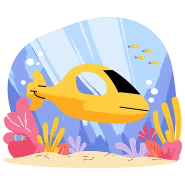An underwater vehicle with a sleek, rounded design and bright yellow color is navigating through a vibrant coral reef. The coral formations are rich in hues of orange, pink, and purple, with various shapes and sizes. Schools of small, colorful fish in shades of blue, yellow, and red swim around the coral, creating a lively scene. Sunlight filters down through the water, casting dappled shadows on the ocean floor which is covered in soft sand. Bubbles escape from the vehicle as it gracefully moves through this underwater paradise.
