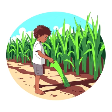 A young child with curly hair is standing in a sunlit field, holding a large, green machete. The child is focused on cutting a tall, green sugarcane stalk close to the ground. The field is filled with rows of sugarcane plants, their leaves swaying gently in the breeze. Bright sunlight casts warm shadows across the ground, illuminating patches of soil. In the background, a clear blue sky complements the vibrant green of the plants. The child is wearing a simple white shirt and shorts, with bare feet touching the ground.