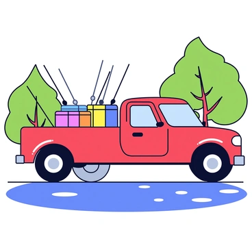 A pickup truck with a shiny red exterior is parked beside a calm lake. The truck's bed is open, revealing several fishing rods neatly arranged alongside colorful tackle boxes stacked inside. The sunlight reflects off the surface of the water, creating a glimmering effect. Lush green trees can be seen in the background, framing the peaceful scene.