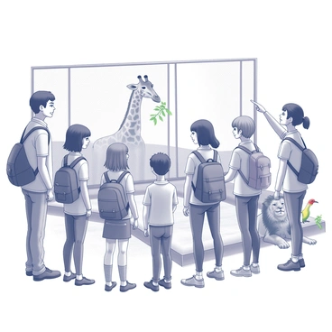 A group of five students gathered in a zoo, attentively observing various animals. They stand close together, with expressions of excitement and curiosity on their faces. A tall adult guide points towards a large enclosure, where a giraffe is bending down to eat leaves from a tree. The students are dressed in casual clothing, with backpacks slung over one shoulder. In the background, a lion is lounging under the shade, while colorful birds are perched nearby. The scene captures a moment of learning and exploration in a lively environment.