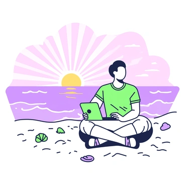 A broker is sitting on a beach with a laptop open in front of him. He is wearing a short-sleeve shirt and comfortable shorts, with sandals on his feet. The laptop screen displays charts and data. In the background, the sun is setting over the ocean, casting rays of light across the water. Gentle waves lap at the shore, and a few scattered seashells can be seen in the sand nearby. The sky is filled with hues of orange and pink as the day transitions to night, adding to the tranquil atmosphere of the scene.