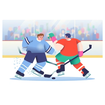 Two hockey players are colliding in the center of an ice rink. The first player, wearing a blue jersey with white stripes, has short brown hair and is skating aggressively towards the puck. The second player, dressed in a red jersey, is taking a defensive stance with a focused expression. Their sticks are raised as they impact each other, sending the puck bouncing away. Ice shavings are flying up from the surface, and the arena is filled with blurred figures of cheering fans in the background. Bright arena lights illuminate the scene, reflecting off the icy surface.