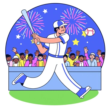 A baseball player in a white uniform with blue accents swings a bat, making contact with a flying baseball. The player is in mid-stride, muscles tensed with effort. Behind him, colorful fireworks explode in the night sky, with bright red, blue, and yellow bursts illuminating the scene. The stadium is filled with cheering fans, their arms raised in celebration. The green outfield grass is visible beneath the stadium lights, creating a vibrant backdrop for the action.