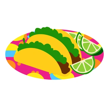 A plate filled with delicious brisket tacos arranged neatly. Each taco is generously topped with fresh cilantro, creating a vibrant green contrast against the tender brisket. Juicy lime wedges are placed beside the tacos, ready to be squeezed on top. The colorful plate features bright patterns, enhancing the visual appeal of the dish.