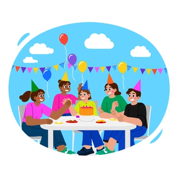 A group of children is joyfully releasing small gas balloons into the sky at a colorful birthday party. The children are wearing festive party hats in various bright colors. Some balloons are red, blue, and yellow, floating upwards into a clear blue sky. The scene features a table decorated with a large cake, plates of snacks, and colorful streamers hanging in the background. The children's smiles radiate happiness as they watch the balloons ascend. A few fluffy white clouds add depth to the sky above.