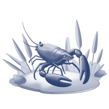 A detailed mosaic depicting a large crawfish at its center. The crawfish is intricately designed with distinct segments and features, showcasing its claws and antennae. Surrounding the crawfish are various aquatic plants, including elongated grass-like shapes and broad leafy structures. The arrangement of the plants creates a natural habitat, enhancing the focus on the crawfish while adding depth to the composition. The overall scene captures the essence of an underwater environment with carefully crafted shapes and textures.