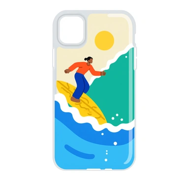 A phone case featuring "stylized ocean waves" in vibrant shades of blue and teal. The design shows a "surfer catching a wave" with their arms outstretched, riding the crest of the wave. The surfer has a bright yellow surfboard with intricate patterns. The ocean waves are dynamic, with white highlights to indicate movement and spray. The overall composition captures an action-packed moment, with the sun setting in the background, adding a warm glow to the scene.