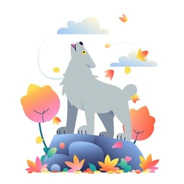A gray wolf with striking yellow eyes is standing on a rocky outcrop. Its head is raised, and it is howling toward the sky. Around the wolf, vibrant autumn leaves in shades of orange, red, and gold are gently falling from the trees above. The ground is covered with a mix of bright leaves, creating a colorful carpet. The sky above is a soft blue, with a few fluffy white clouds scattered throughout. The scene captures the essence of a tranquil yet dynamic autumn day.