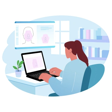 A person is sitting at a desk in a cozy home office, looking at a laptop screen. The laptop displays a virtual consultation interface with a detailed outline of a nose and options for rhinoplasty. The person is wearing casual clothing and has their hands resting on the keyboard. A small potted plant is on the desk, adding a touch of greenery to the scene. The room has soft, gradient pastel colors for the walls, creating a calm atmosphere. There are bookshelves in the background filled with various books, and a window shows a hint of sunlight coming through.