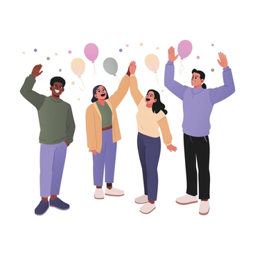 A digital flat illustration depicting a diverse group of four team members celebrating their successful project. The group consists of two men and two women. On the left, a man with dark skin and curly hair is smiling broadly while raising his hand for a high-five. Next to him, a woman with medium skin and straight black hair is laughing, her hands in the air in excitement. On the right, another woman with light skin and wavy brown hair is giving a high-five to the man beside her, who has medium skin and short black hair. The background features balloons and confetti in vibrant colors, enhancing the festive atmosphere. Each team member wears a casual outfit, showcasing a mix of colors that reflect their individual styles.